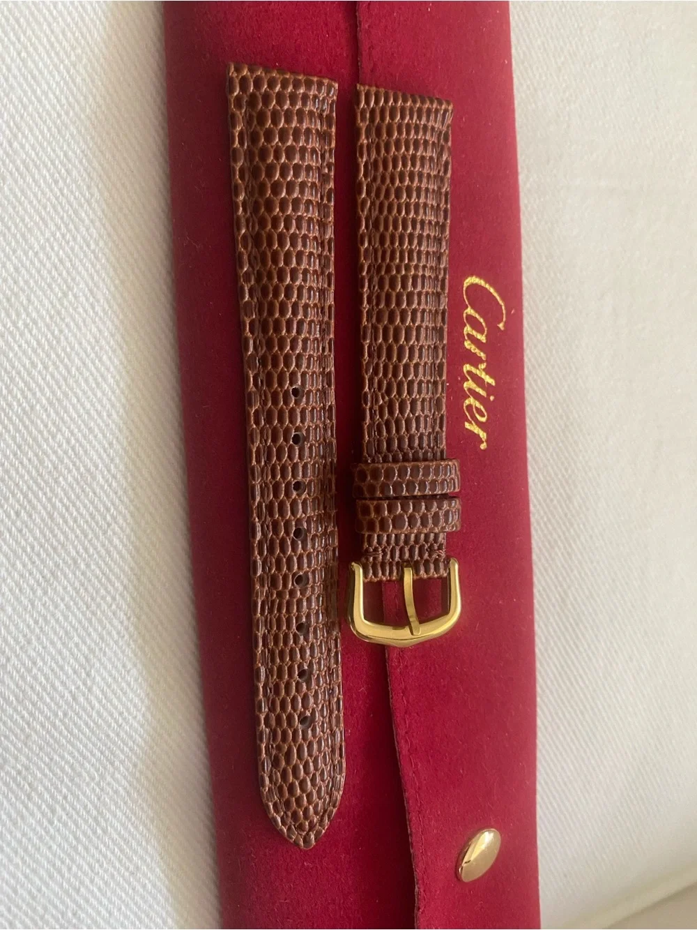 Brown Vintage Lizard-Embossed Leather band Gold Plated Buckle for Cartier 16mm